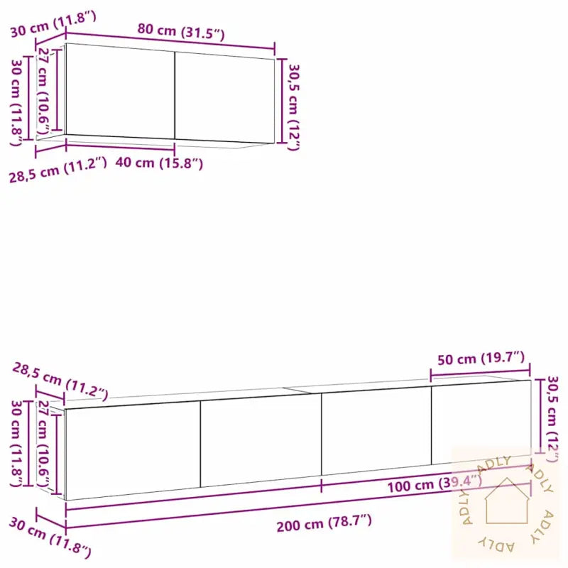 3-Delt Tv-Stativsett, Veggmontert, Svart Eik, Konstruert Tre