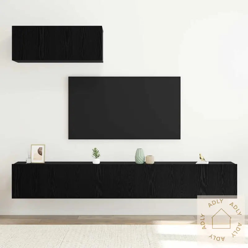 3-Delt Tv-Stativsett, Veggmontert, Svart Eik, Konstruert Tre