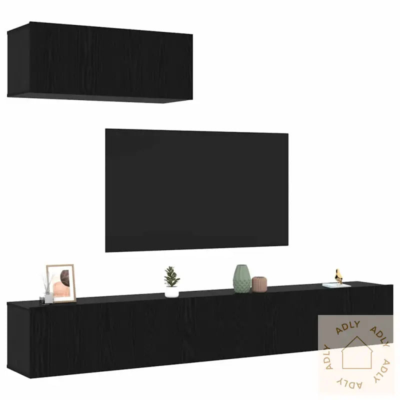 3-Delt Tv-Stativsett, Veggmontert, Svart Eik, Konstruert Tre