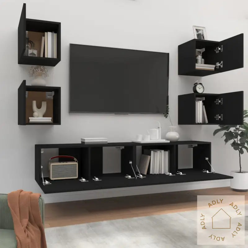 Tv-Skapsett 6 Deler Svart Konstruert Tre