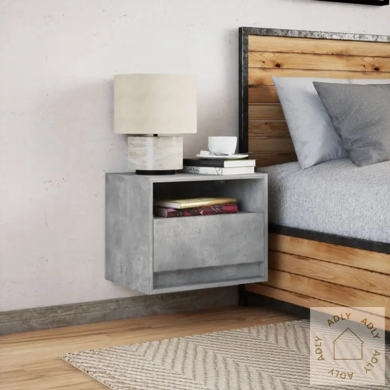 Vegghengt Nattbord Med Led-Lys Betonggrå