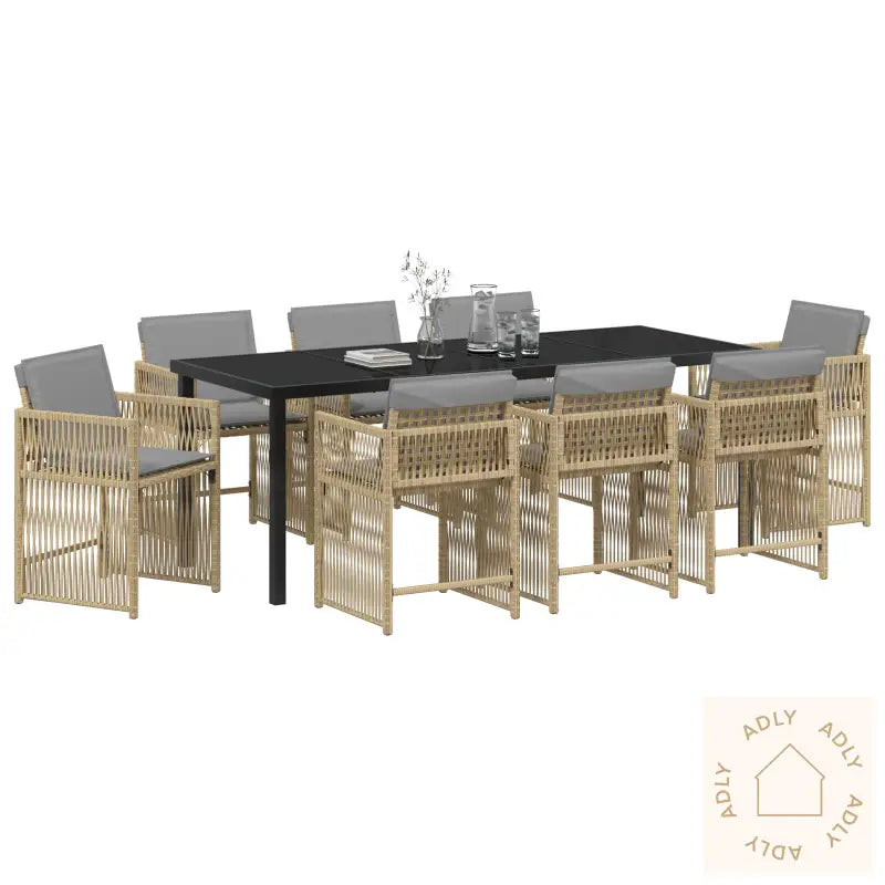 9 Delt Hage Spisebordsett Med Puter Beige Poly Rattan