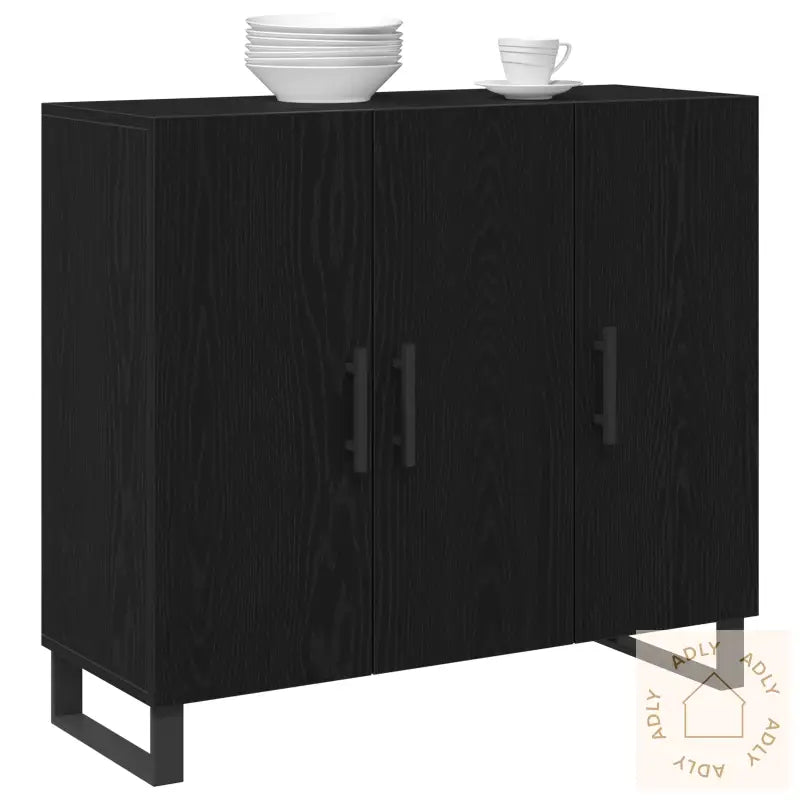 Sideboard Med 3 Dører Svart Eik 90X34X80 Cm Konstruert Tre