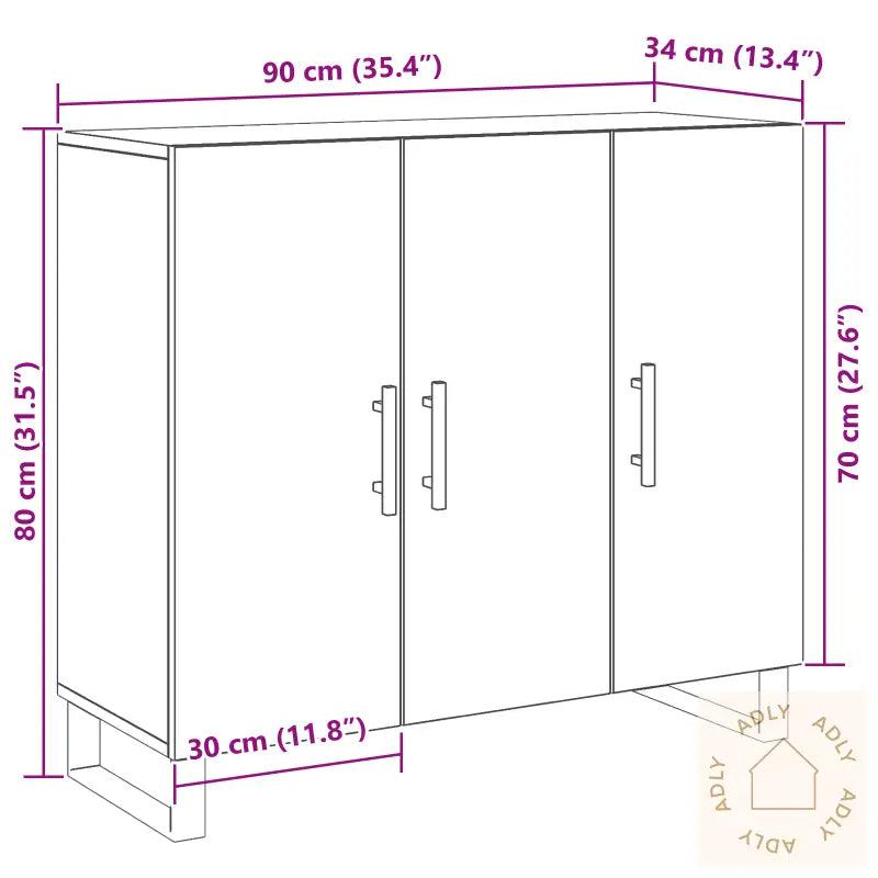 Sideboard Med 3 Dører Svart Eik 90X34X80 Cm Konstruert Tre