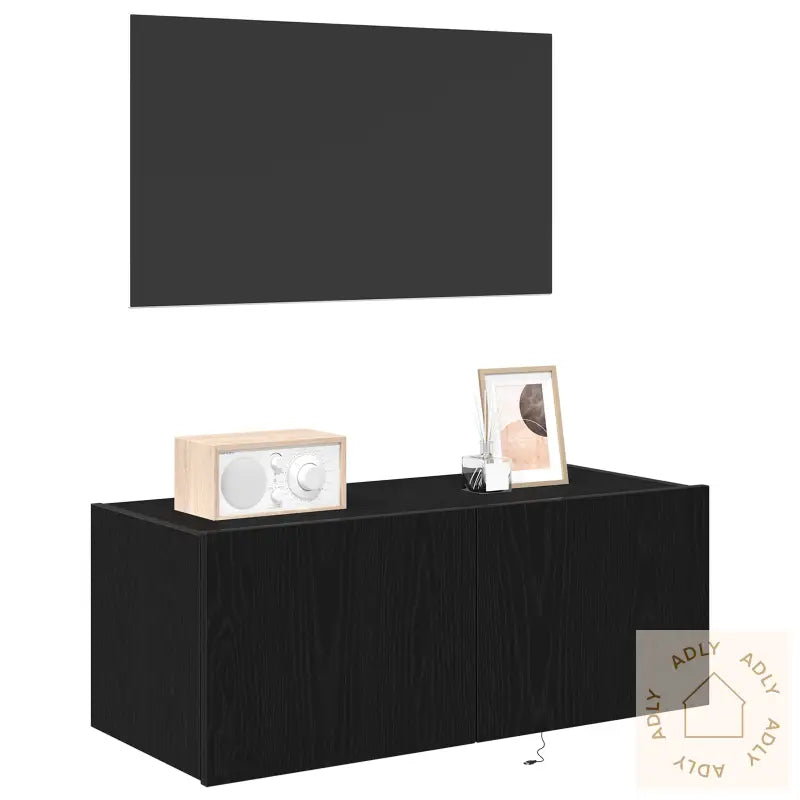 Tv Veggskap Med Led Lys Svart Eik 80X35X31 Cm