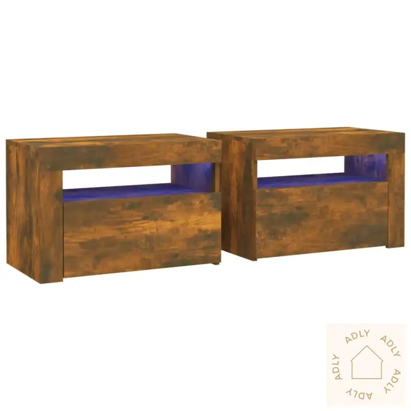 Nattbord 2 Stk Med Led-Lys Røkt Eik 60X35X40 Cm