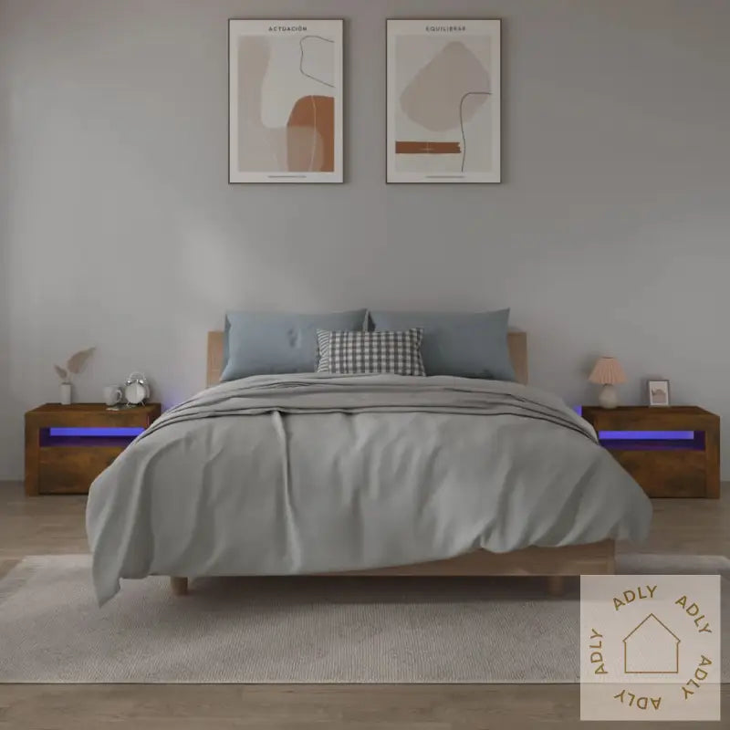 Nattbord 2 Stk Med Led-Lys Røkt Eik 60X35X40 Cm