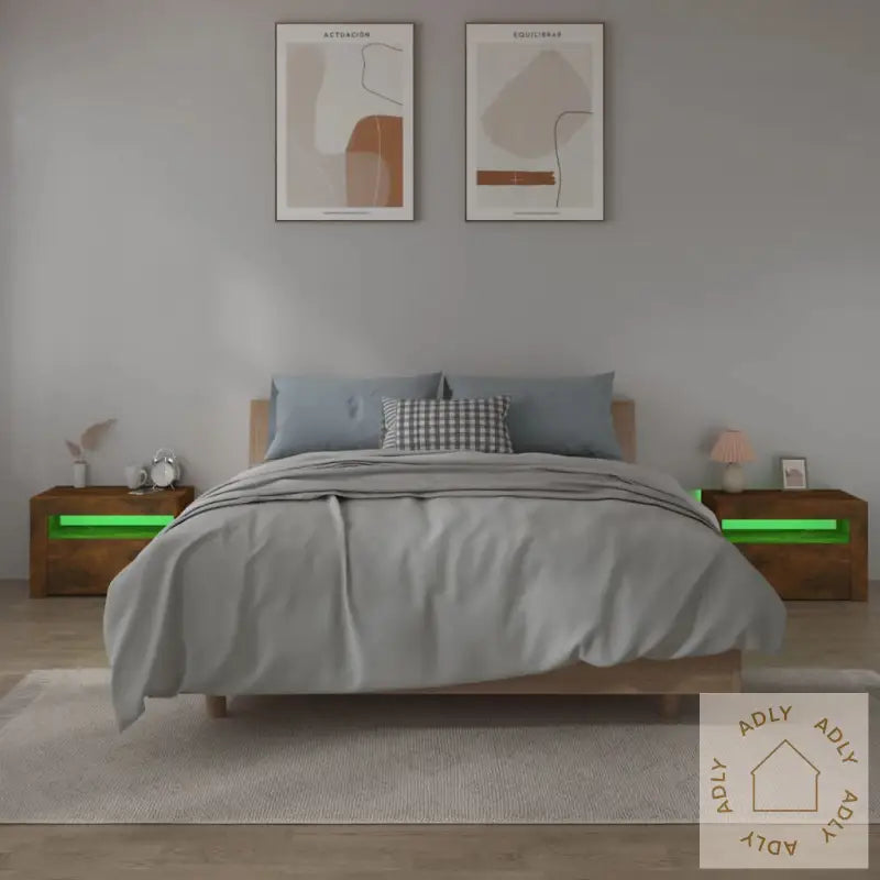Nattbord 2 Stk Med Led-Lys Røkt Eik 60X35X40 Cm