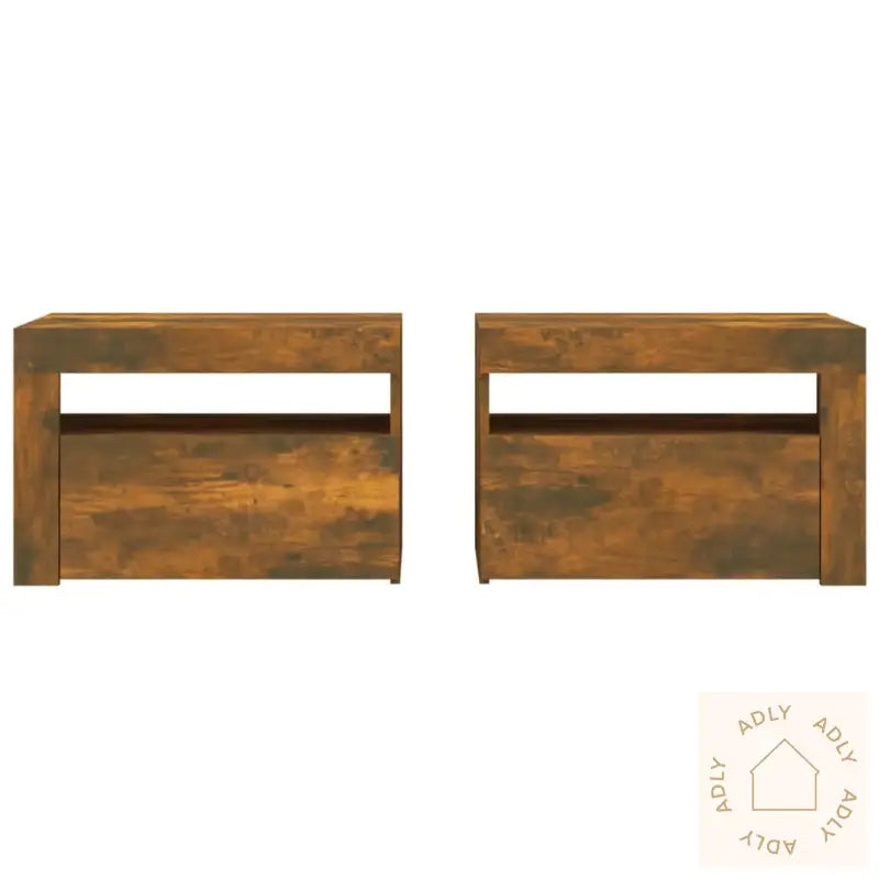 Nattbord 2 Stk Med Led-Lys Røkt Eik 60X35X40 Cm