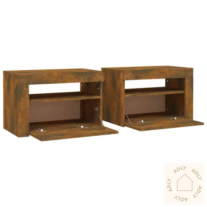 Nattbord 2 Stk Med Led-Lys Røkt Eik 60X35X40 Cm
