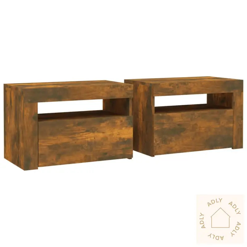 Nattbord 2 Stk Med Led-Lys Røkt Eik 60X35X40 Cm