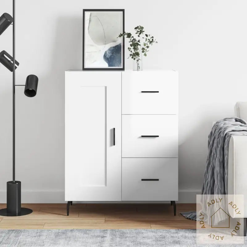 Skjenk Høyglans Hvit 69,5X34X90 Cm Konstruert Tre