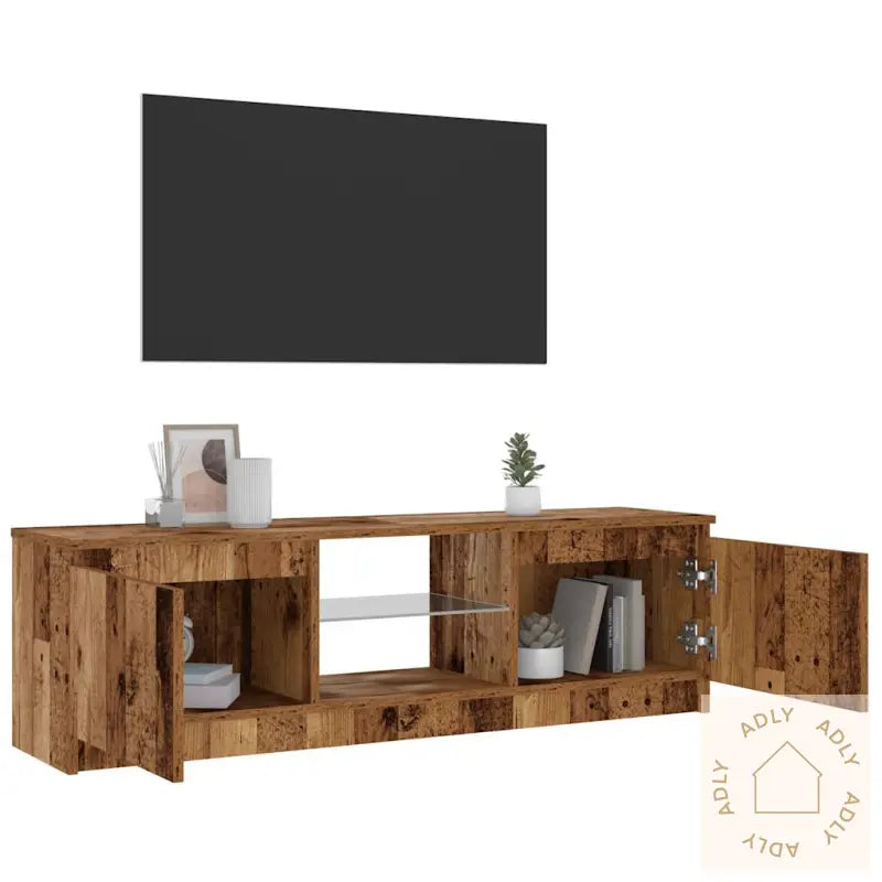Tv-Benk Med Led-Lys Gammelt Tre 120X30X36 Cm Konstruert Tre