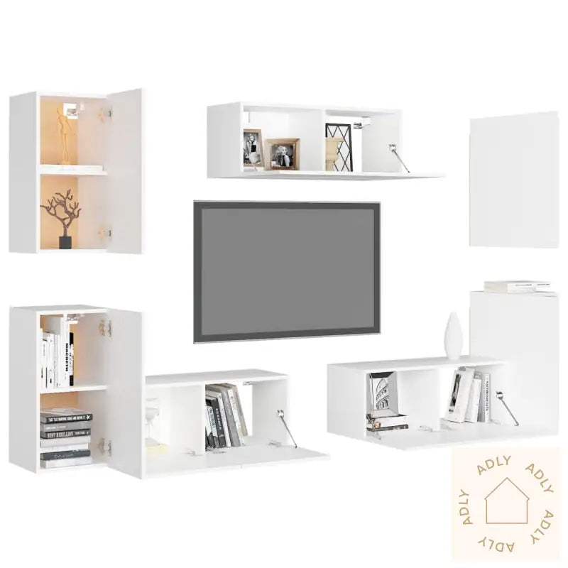 Tv-Benksett 7 Deler Hvit Konstruert Tre