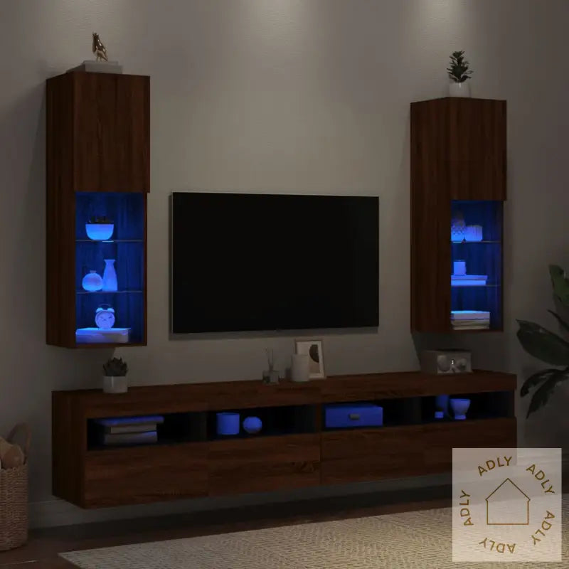 Tv-Benker Med Led-Lys 2 Stk Brun Eik 30,5X30X102 Cm