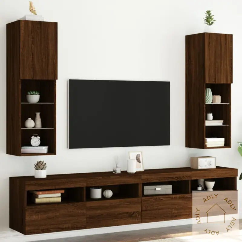 Tv-Benker Med Led-Lys 2 Stk Brun Eik 30,5X30X102 Cm
