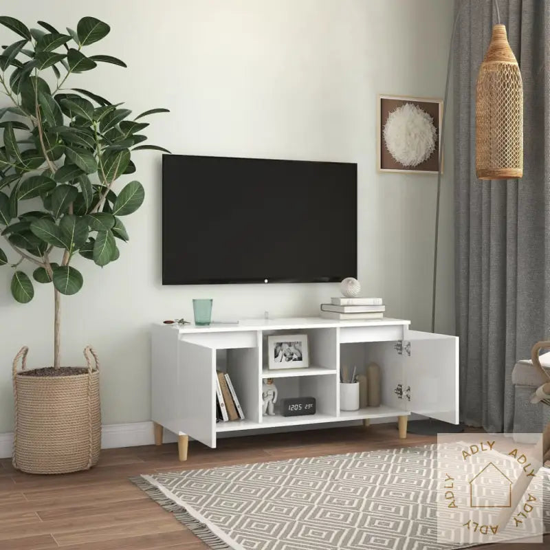 Tv-Benk Med Ben I Heltre Høyglans Hvit 103,5X35X50 Cm