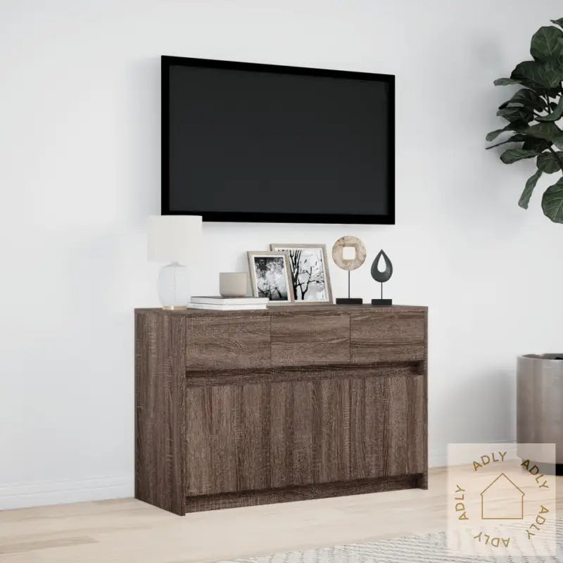 Tv-Benk Med Led Brun Eik 91X34X61 Cm Konstruert Tre