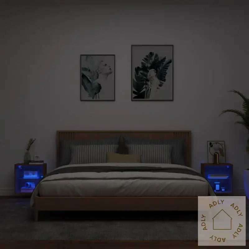 Veggmontert Nattbord Med Led-Lys 2 Stk Brun Eik