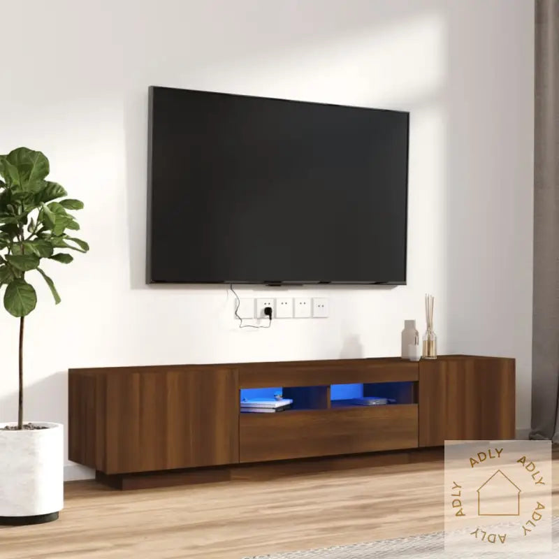 Tv-Benksett Med Led-Lys 2 Deler Brun Eik Konstruert Tre