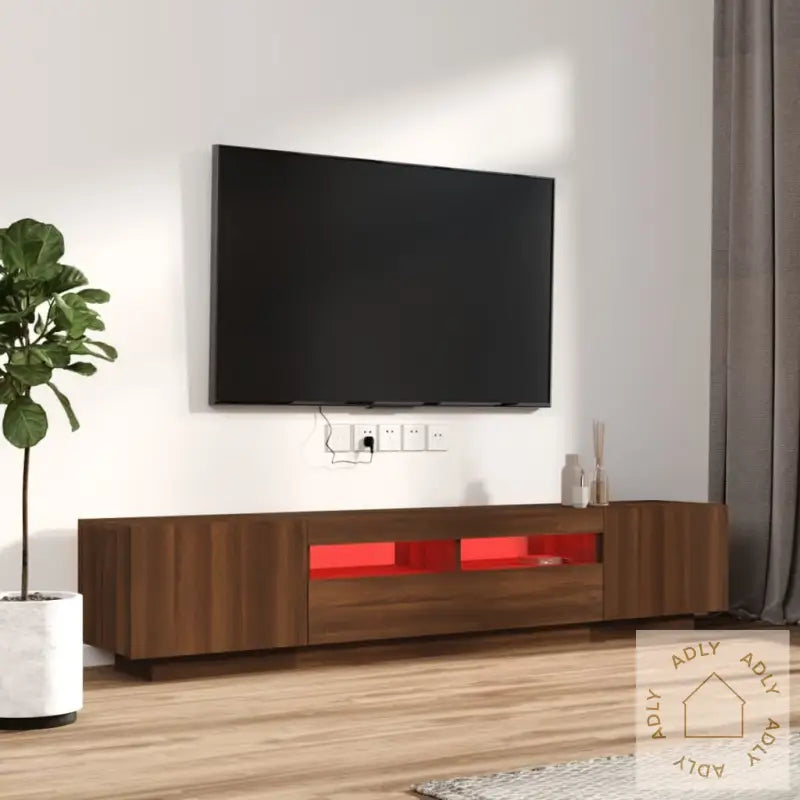 Tv-Benksett Med Led-Lys 2 Deler Brun Eik Konstruert Tre