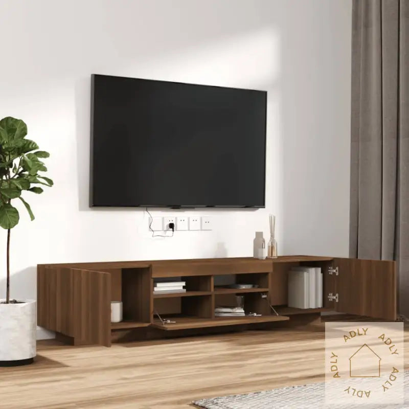 Tv-Benksett Med Led-Lys 2 Deler Brun Eik Konstruert Tre