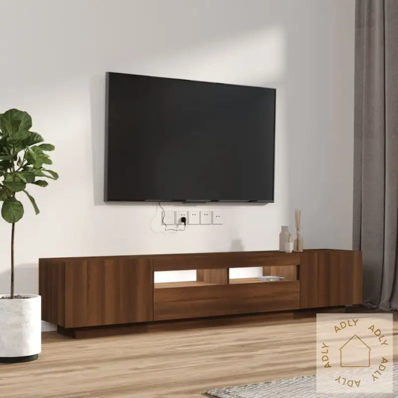 Tv-Benksett Med Led-Lys 2 Deler Brun Eik Konstruert Tre