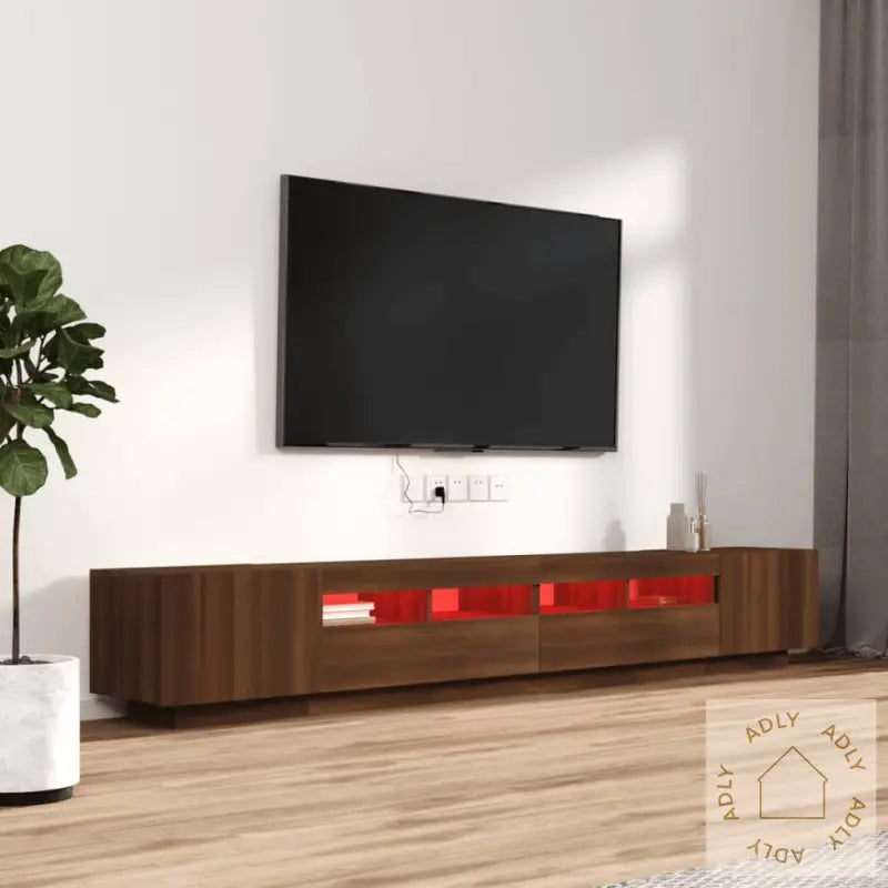 Tv-Benksett Med Led-Lys 3 Deler Brun Eik Konstruert Tre