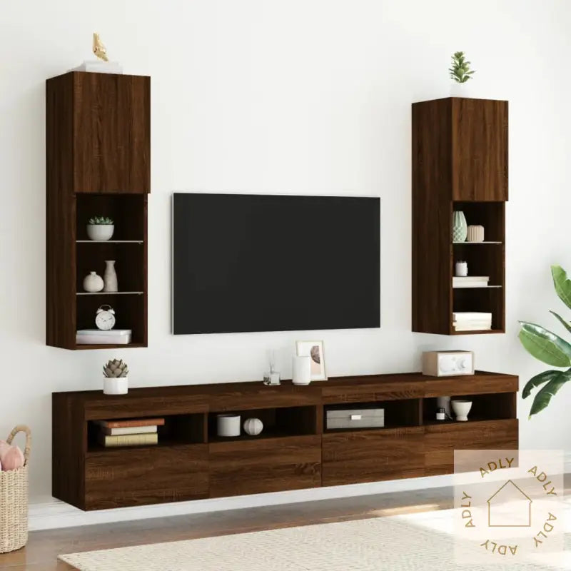 Tv-Benk Med Led-Lys Brun Eik 30,5X30X102 Cm