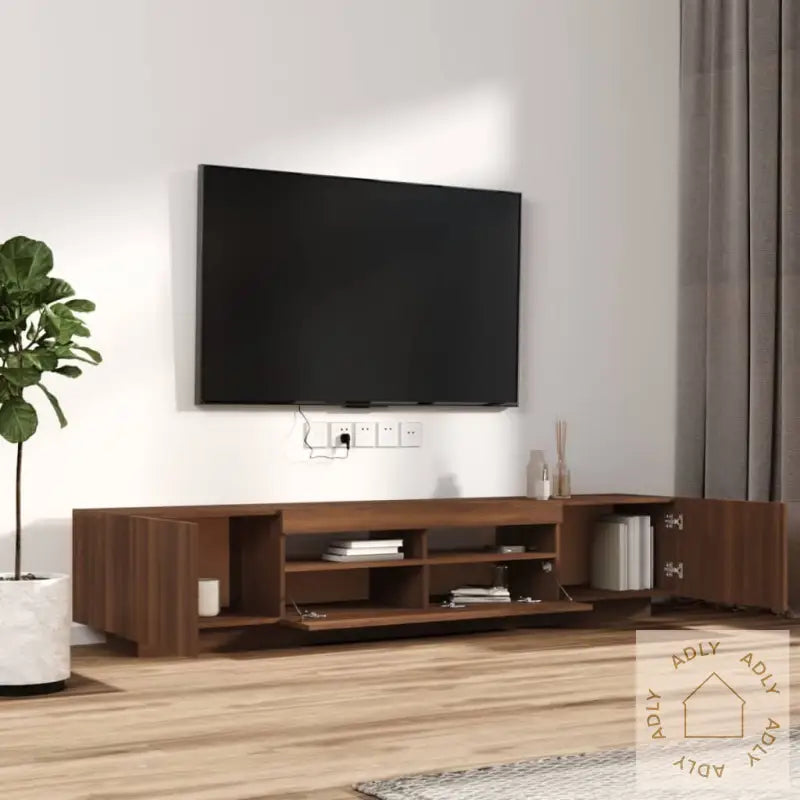 Tv-Benksett Med Led-Lys 2 Deler Brun Eik Konstruert Tre