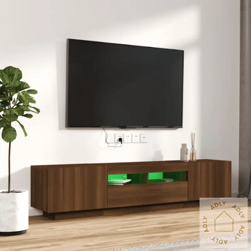 Tv-Benksett Med Led-Lys 2 Deler Brun Eik Konstruert Tre