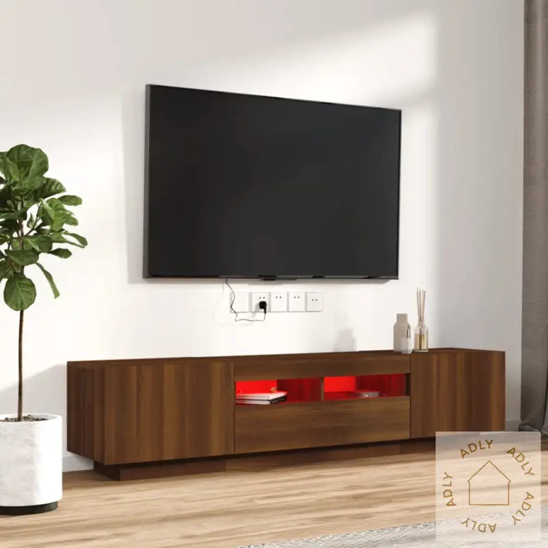 Tv-Benksett Med Led-Lys 2 Deler Brun Eik Konstruert Tre