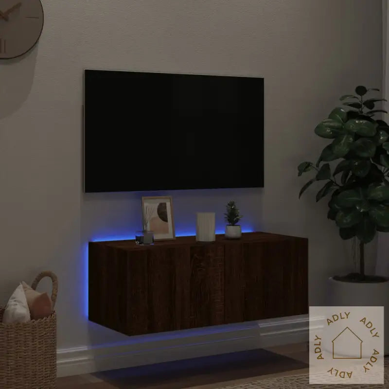 Vegghengt Tv-Benk Med Led Brun Eik 80X35X31 Cm