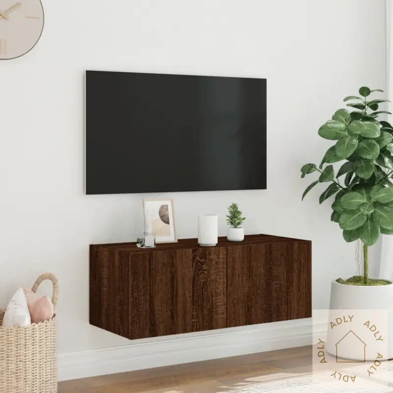 Vegghengt Tv-Benk Med Led Brun Eik 80X35X31 Cm