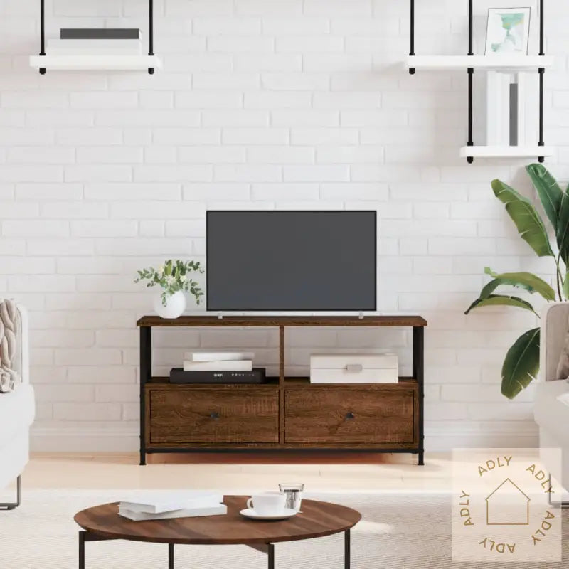 Tv-Benk Brun Eik 90X33X45 Cm Konstruert Tre Og Jern