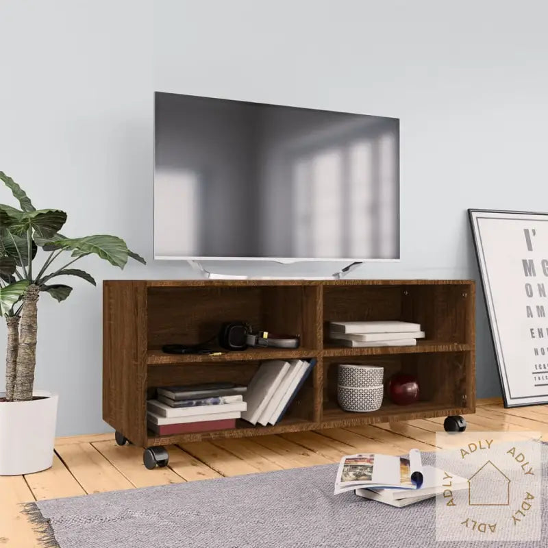 Tv-Benk Med Hjul Brun Eik 90X35X35 Cm Konstruert Tre