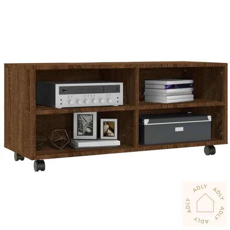 Tv-Benk Med Hjul Brun Eik 90X35X35 Cm Konstruert Tre