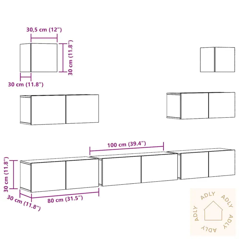 Tv-Skapsett 7 Deler Veggmontert Artisan Eik Konstruert Tre