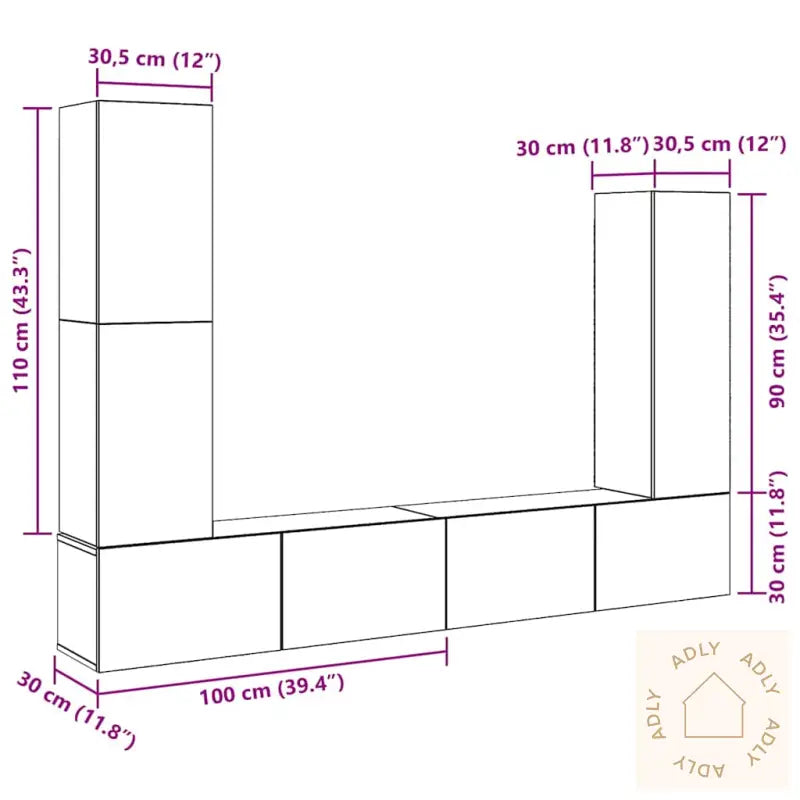 Tv-Skapsett 4 Deler Veggmontert Artisan Eik Konstruert Tre