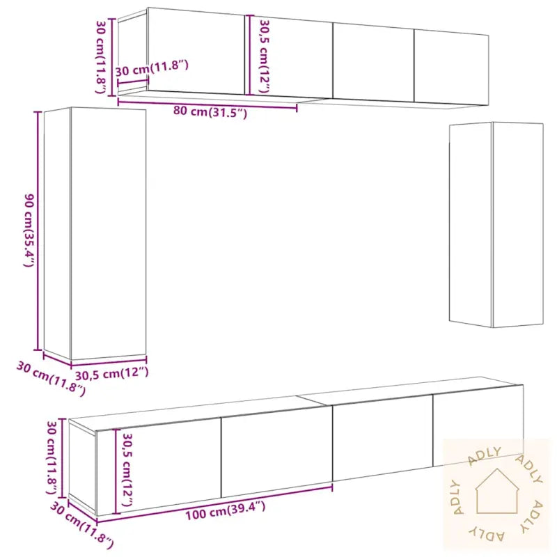 Tv-Skapsett 6 Deler Veggmontert Artisan Eik Konstruert Tre