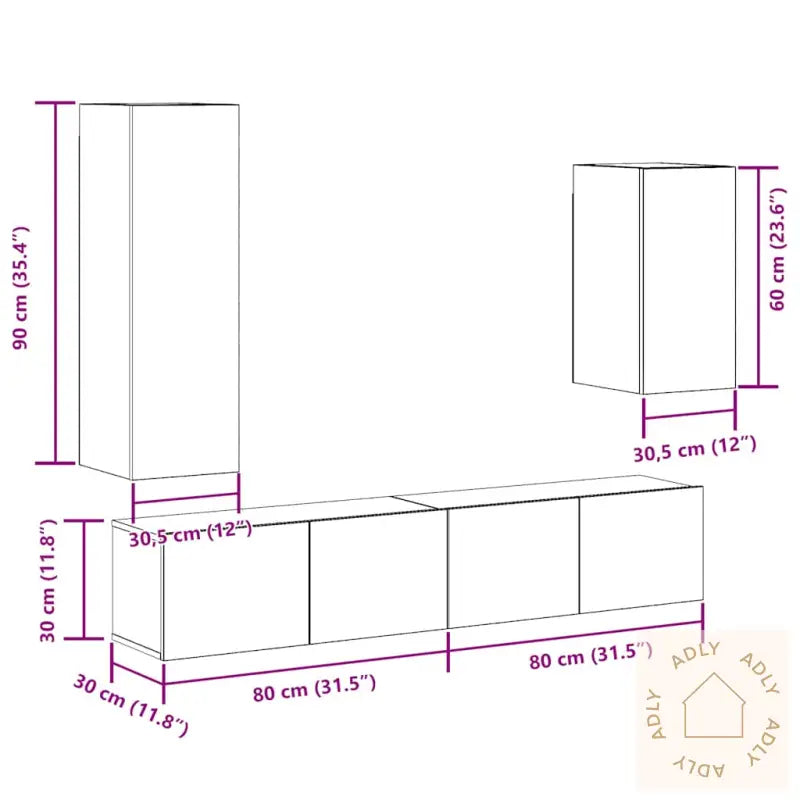 Tv-Skapsett 4 Deler Veggmontert Artisan Eik Konstruert Tre