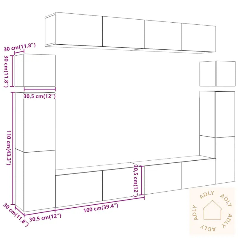 Tv-Skapsett 8 Deler Veggmontert Artisan Eik Konstruert Tre