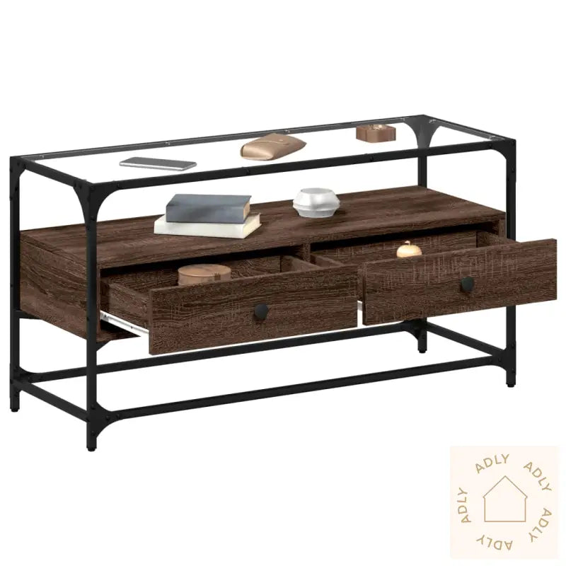 Tv-Benk Med Glasstopp Brun Eik 98X35X51 Cm Konstruert Tre