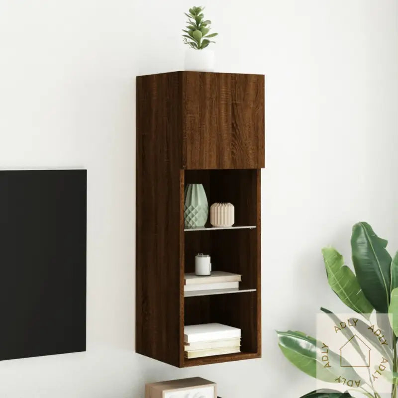 Tv-Benk Med Led-Lys Brun Eik 30,5X30X90 Cm