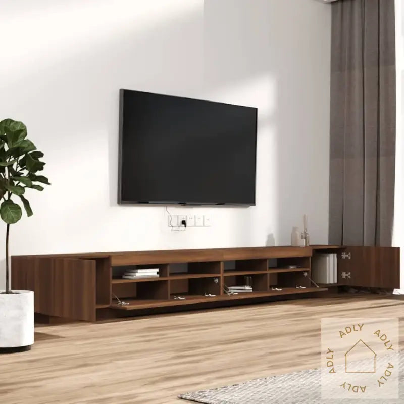 Tv-Benksett Med Led-Lys 3 Deler Brun Eik Konstruert Tre