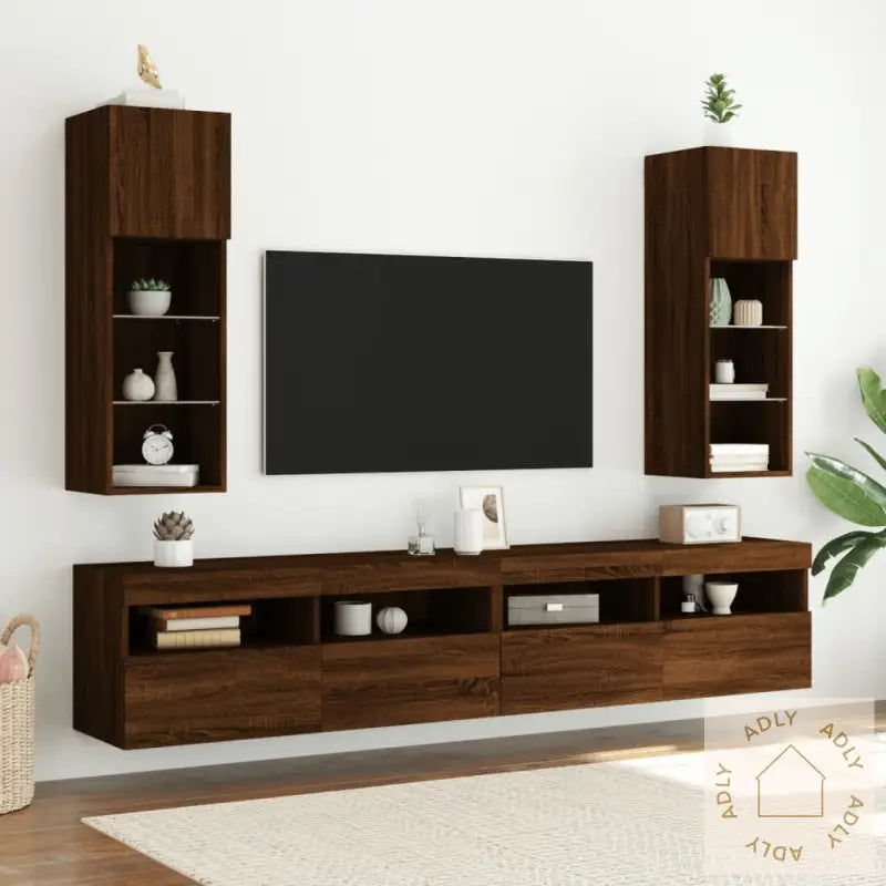Tv-Benk Med Led-Lys Brun Eik 30,5X30X90 Cm