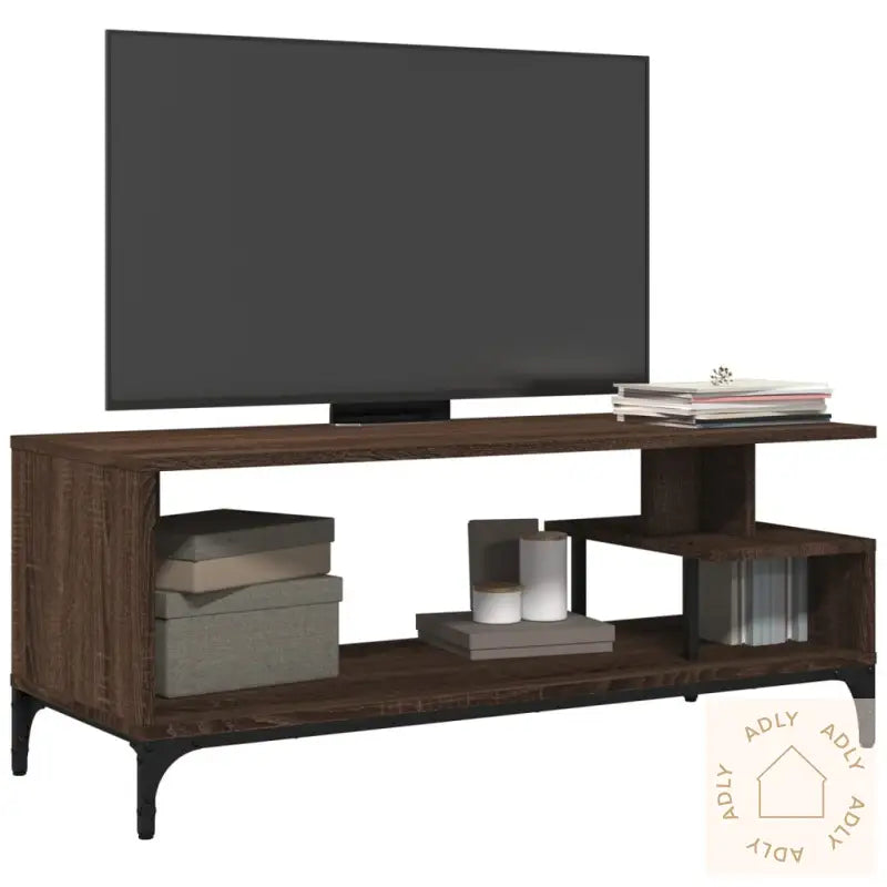 Tv-Benk Brun Eik 102X40X41 Cm Konstruert Tre Pulverlakkert Stål