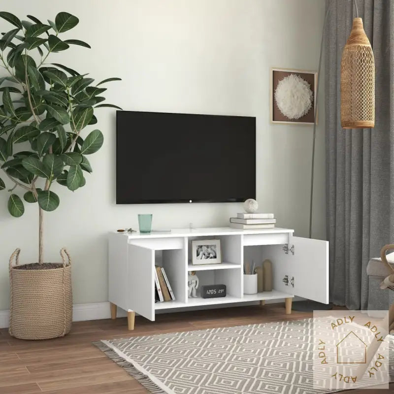 Tv-Benk Med Ben I Heltre Hvit 103,5X35X50 Cm