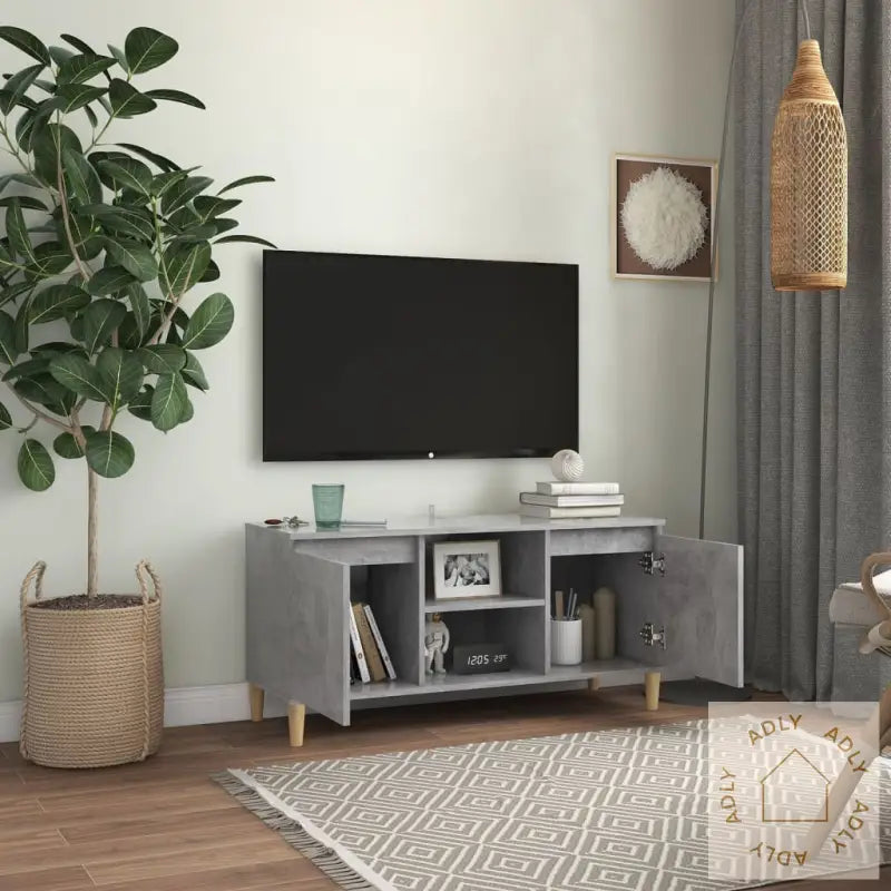 Tv-Benk Med Ben I Heltre Betonggrå 103,5X35X50 Cm