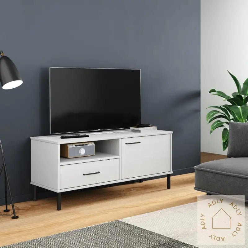 Tv-Benk Med Metallben Hvit Heltre Furu Oslo